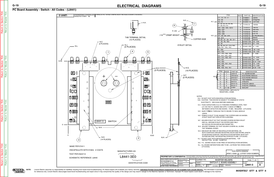 Electrical diagrams, Pc board assembly - switch - all codes - (l8441), G-19 | Invertec, Inverter welders switch p. c. board assembly, 3 places), 2 places), 2 places) (10 places) switch, Tab terminal detail, 10 places) | Lincoln Electric INVERTEC SVM129-B User Manual | Page 135 / 145