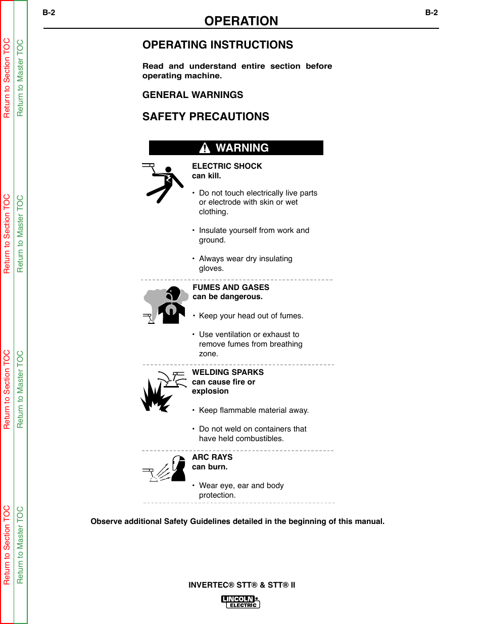 Operation, Operating instructions, Safety precautions | Warning | Lincoln Electric INVERTEC SVM129-B User Manual | Page 14 / 145