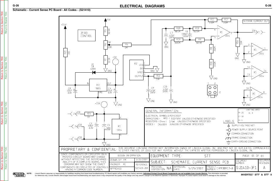 Electrical diagrams, General information, Labels | G-26, Stt schematic, current sense pcb | Lincoln Electric INVERTEC SVM129-B User Manual | Page 142 / 145