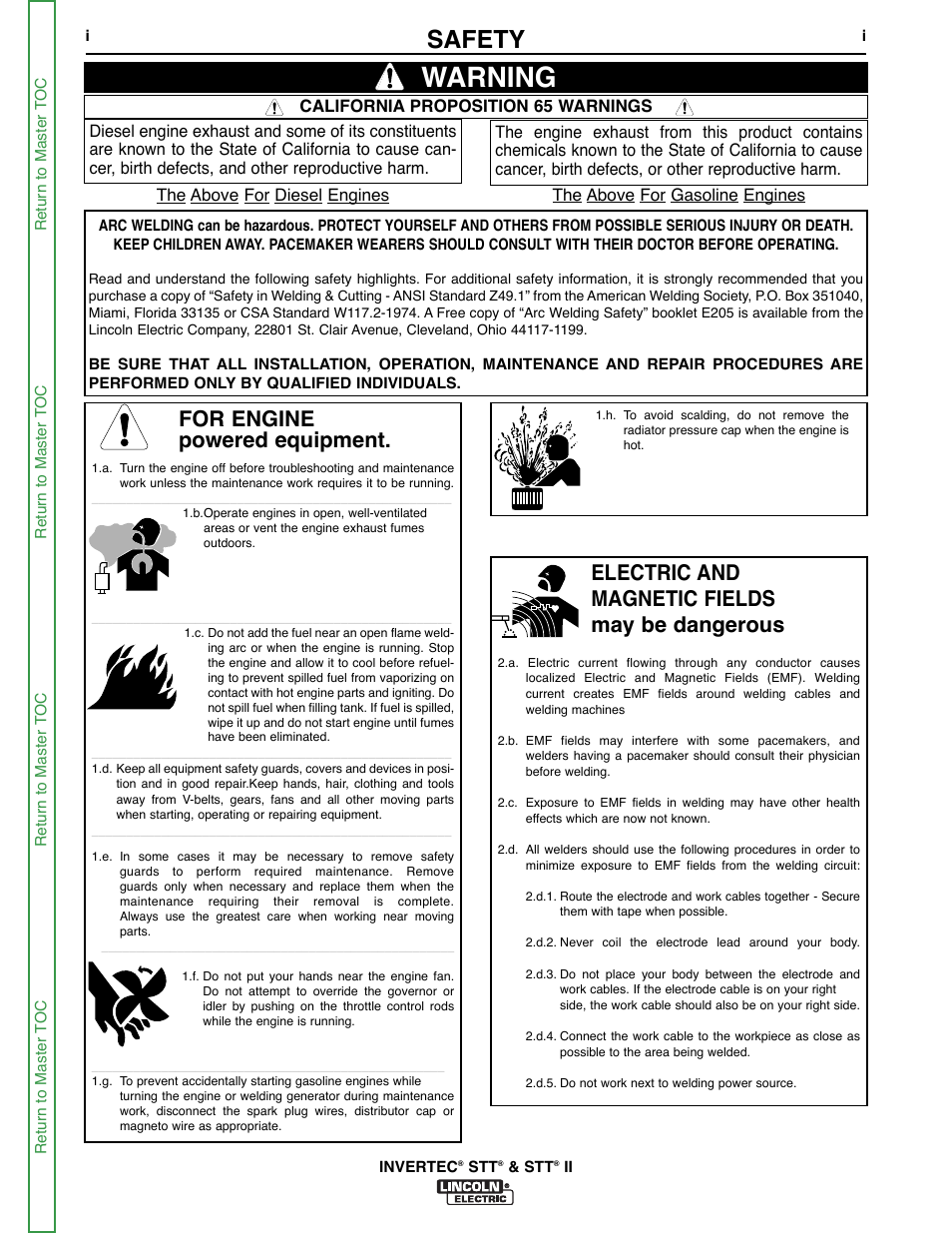 Safety, Info, Warning | For engine powered equipment, Electric and magnetic fields may be dangerous | Lincoln Electric INVERTEC SVM129-B User Manual | Page 2 / 145