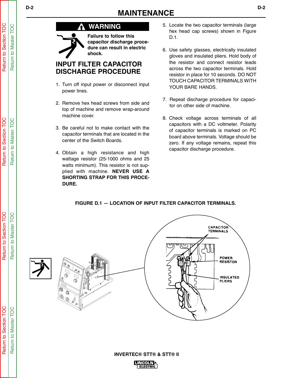 Maintenance, Warning, Input filter capacitor discharge procedure | Lincoln Electric INVERTEC SVM129-B User Manual | Page 26 / 145