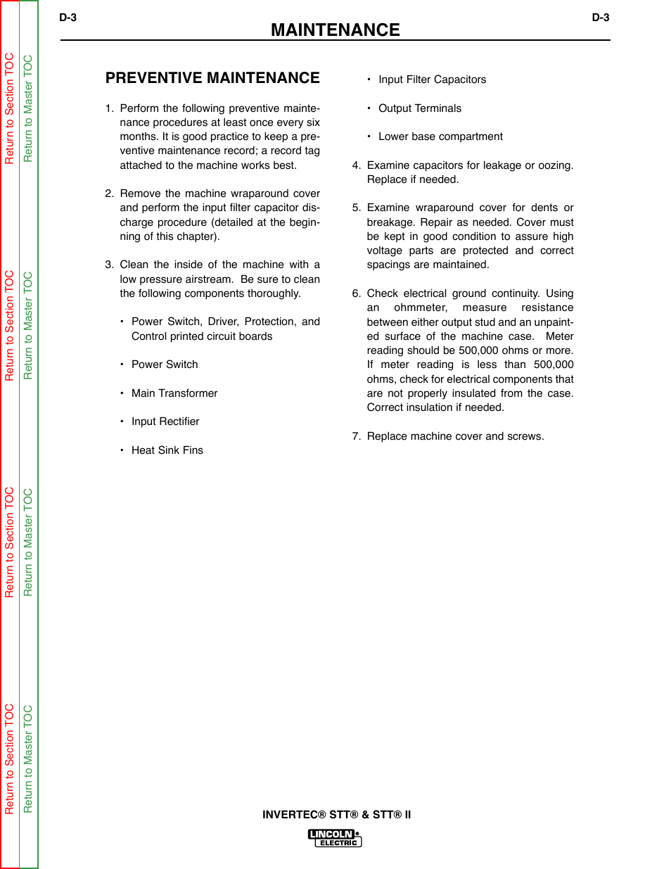 Maintenance, Preventive maintenance | Lincoln Electric INVERTEC SVM129-B User Manual | Page 27 / 145