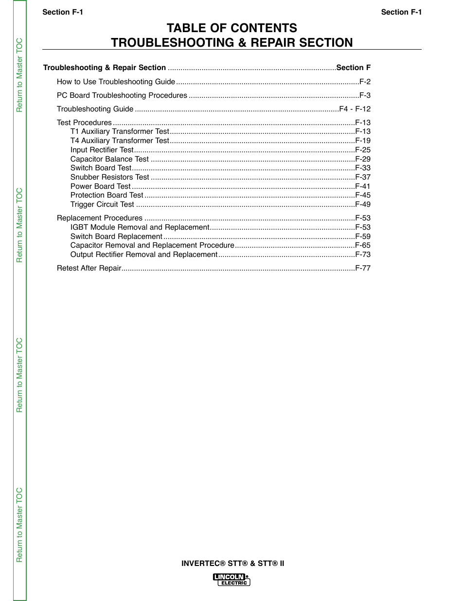 Section f - troubleshooting and repair | Lincoln Electric INVERTEC SVM129-B User Manual | Page 39 / 145