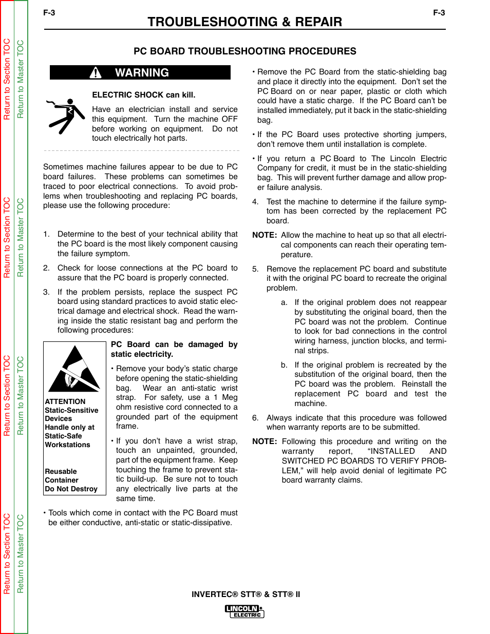 Troubleshooting & repair, Warning | Lincoln Electric INVERTEC SVM129-B User Manual | Page 41 / 145