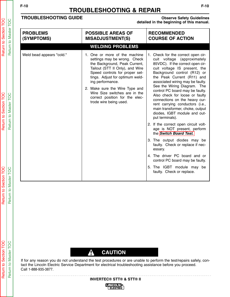 Weld bead appears "cold, Troubleshooting & repair, Caution | Lincoln Electric INVERTEC SVM129-B User Manual | Page 48 / 145