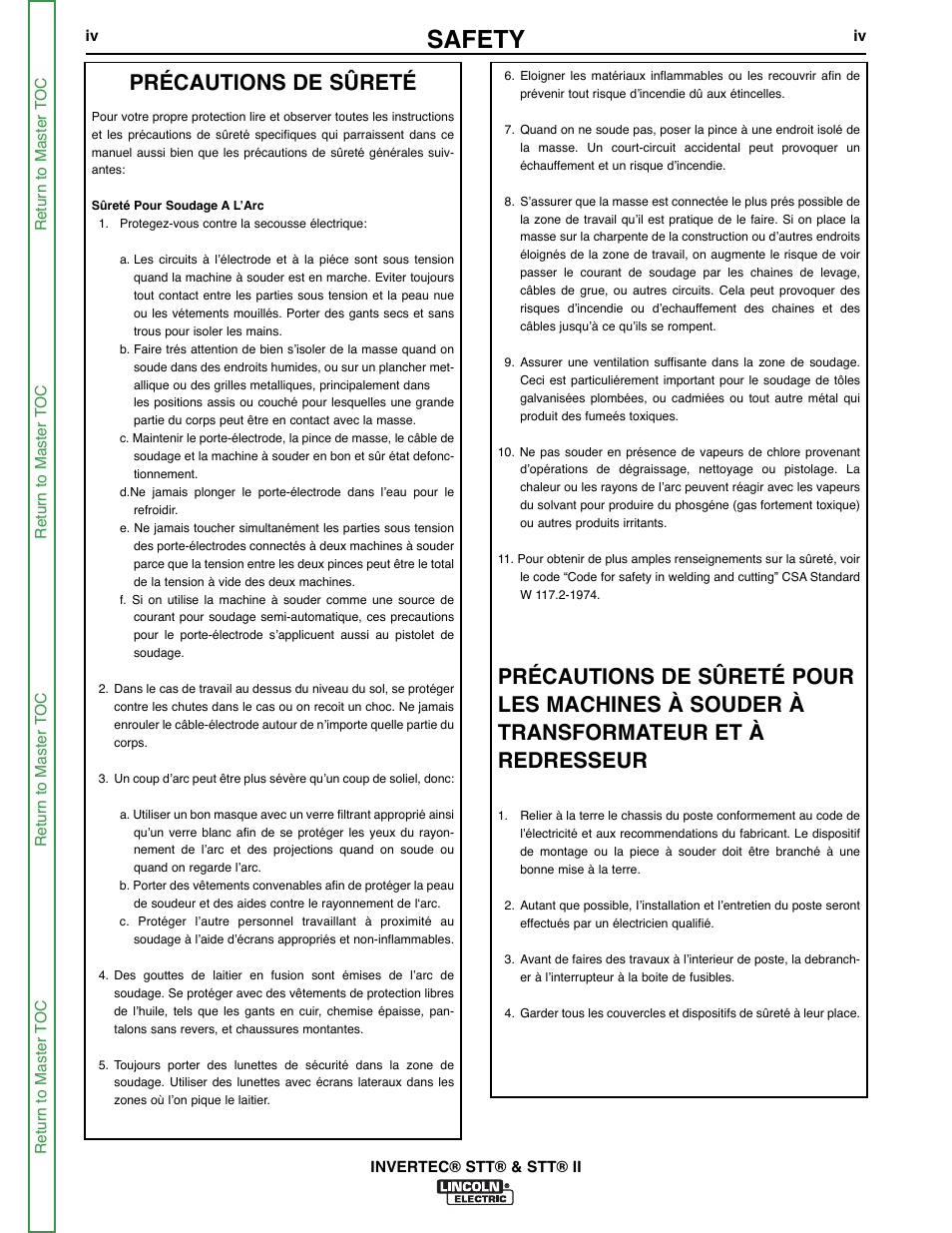 Safety, Précautions de sûreté | Lincoln Electric INVERTEC SVM129-B User Manual | Page 5 / 145