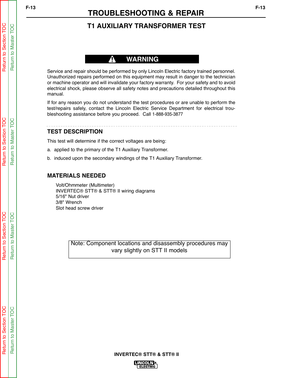 T1 auxiliary, Transformer test, T1 auxiliary transformer test | Troubleshooting & repair, T1 auxiliary transformer test warning | Lincoln Electric INVERTEC SVM129-B User Manual | Page 51 / 145