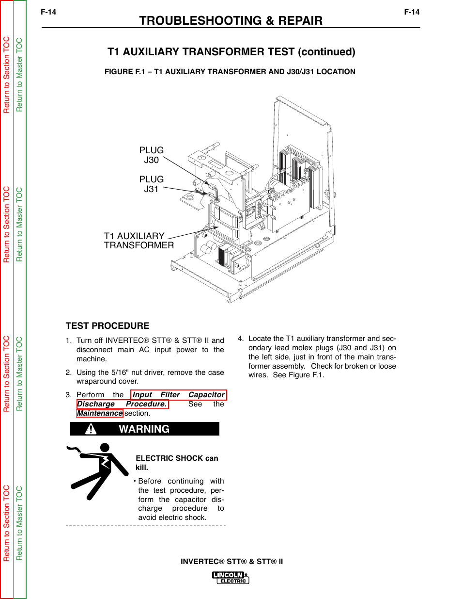 Troubleshooting & repair, T1 auxiliary transformer test (continued), Warning | Lincoln Electric INVERTEC SVM129-B User Manual | Page 52 / 145