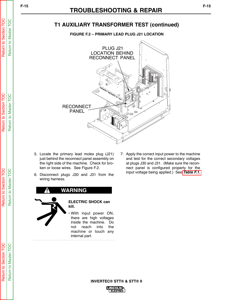 Troubleshooting & repair, T1 auxiliary transformer test (continued), Warning | Lincoln Electric INVERTEC SVM129-B User Manual | Page 53 / 145