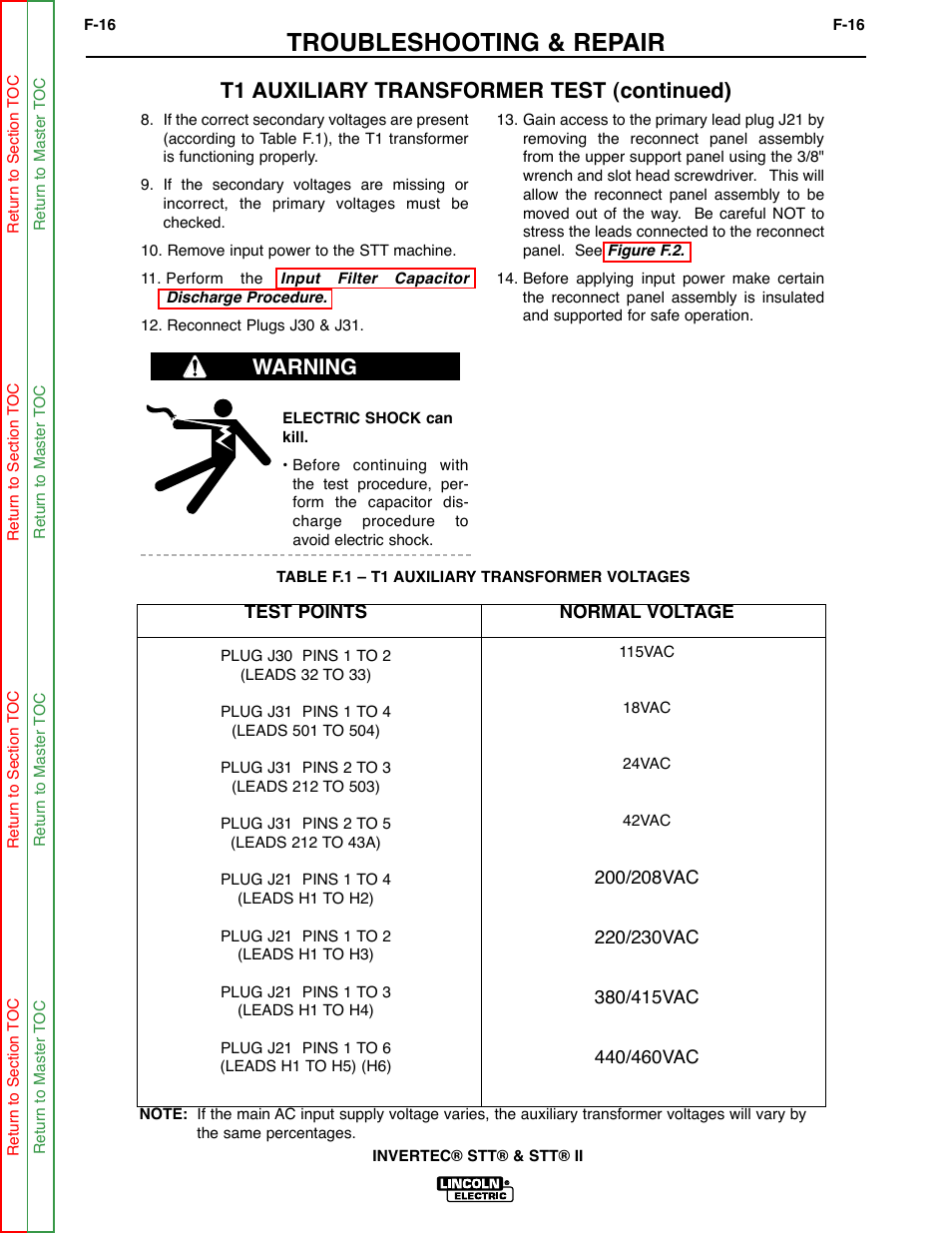 See table f.1, Troubleshooting & repair, T1 auxiliary transformer test (continued) | Warning | Lincoln Electric INVERTEC SVM129-B User Manual | Page 54 / 145