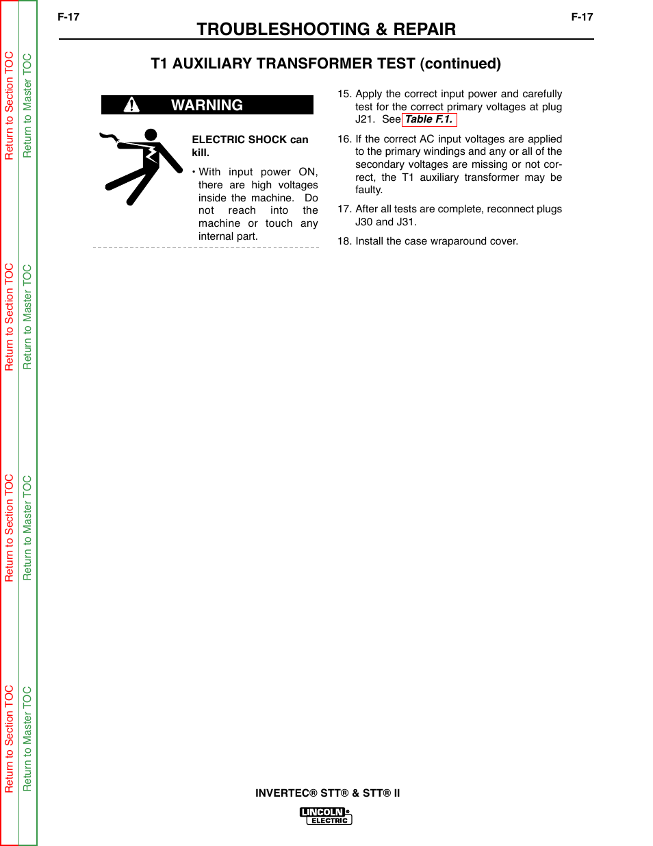 Troubleshooting & repair, T1 auxiliary transformer test (continued) warning | Lincoln Electric INVERTEC SVM129-B User Manual | Page 55 / 145