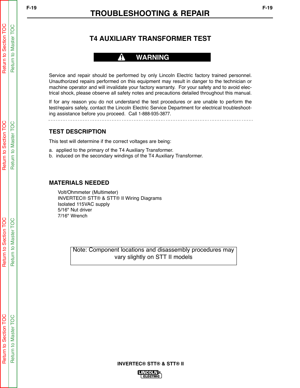 T4 auxiliary, Transformer test, Troubleshooting & repair | T4 auxiliary transformer test, Warning | Lincoln Electric INVERTEC SVM129-B User Manual | Page 57 / 145