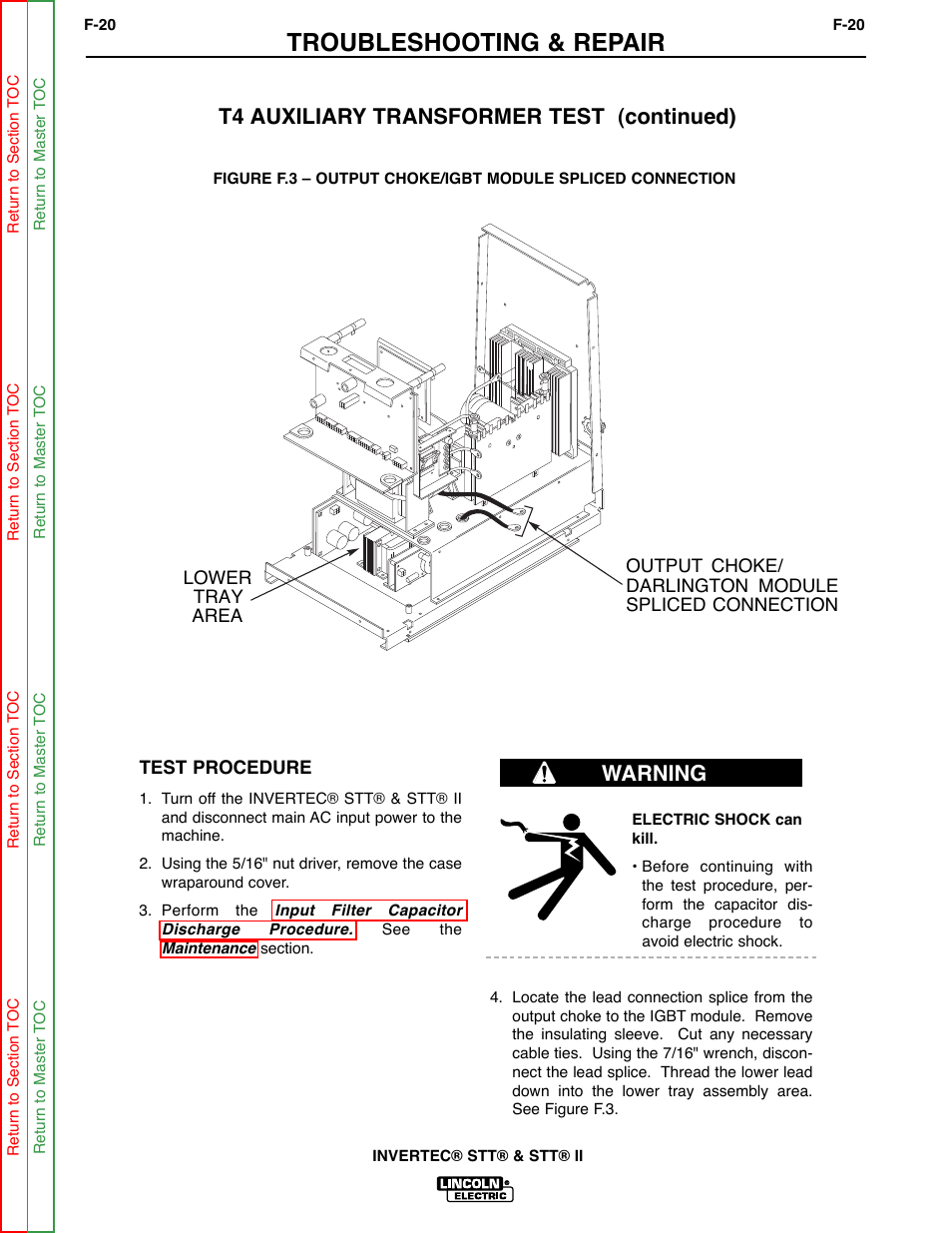 Troubleshooting & repair, T4 auxiliary transformer test (continued), Warning | Lincoln Electric INVERTEC SVM129-B User Manual | Page 58 / 145