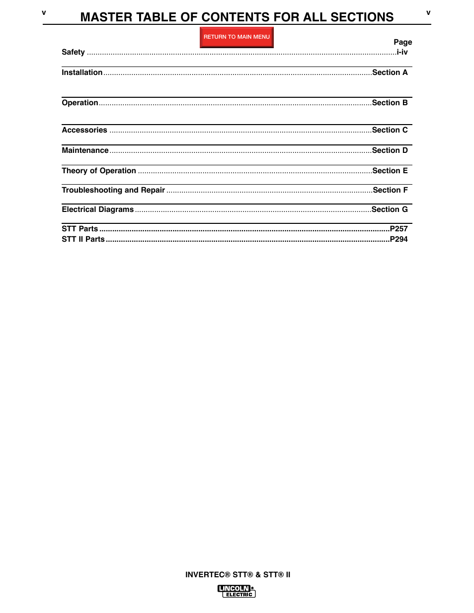 Master table of contents, Return, Master | Lincoln Electric INVERTEC SVM129-B User Manual | Page 6 / 145