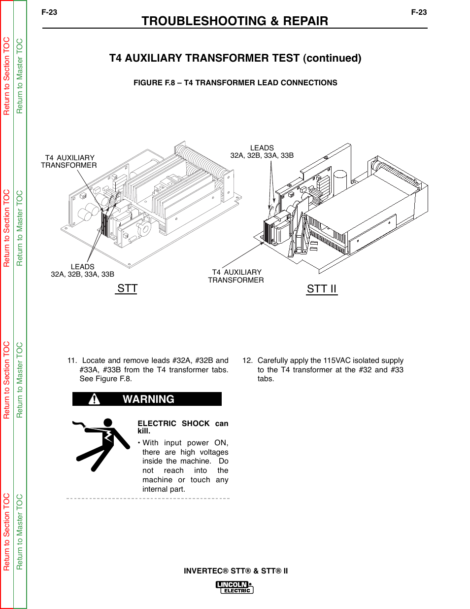 Troubleshooting & repair, T4 auxiliary transformer test (continued), Stt stt ii | Warning | Lincoln Electric INVERTEC SVM129-B User Manual | Page 61 / 145