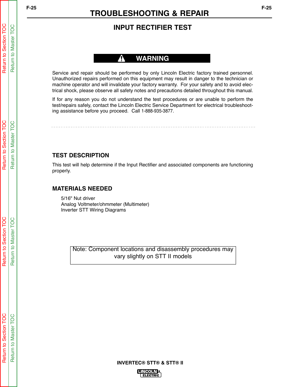 Input rectifier, Test, Troubleshooting & repair | Input rectifier test, Warning | Lincoln Electric INVERTEC SVM129-B User Manual | Page 63 / 145