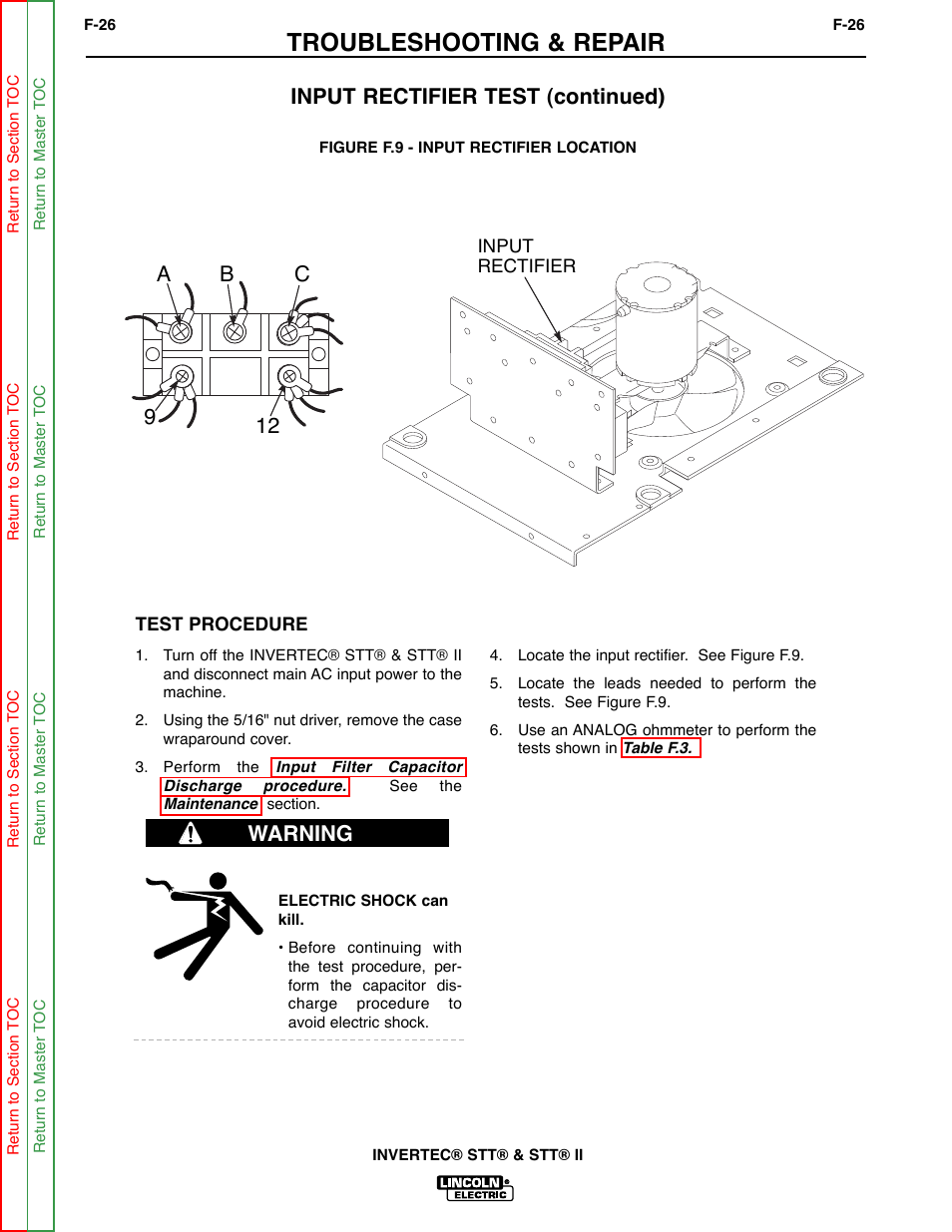 Troubleshooting & repair, Input rectifier test (continued), Ca 9 12 b | Warning | Lincoln Electric INVERTEC SVM129-B User Manual | Page 64 / 145