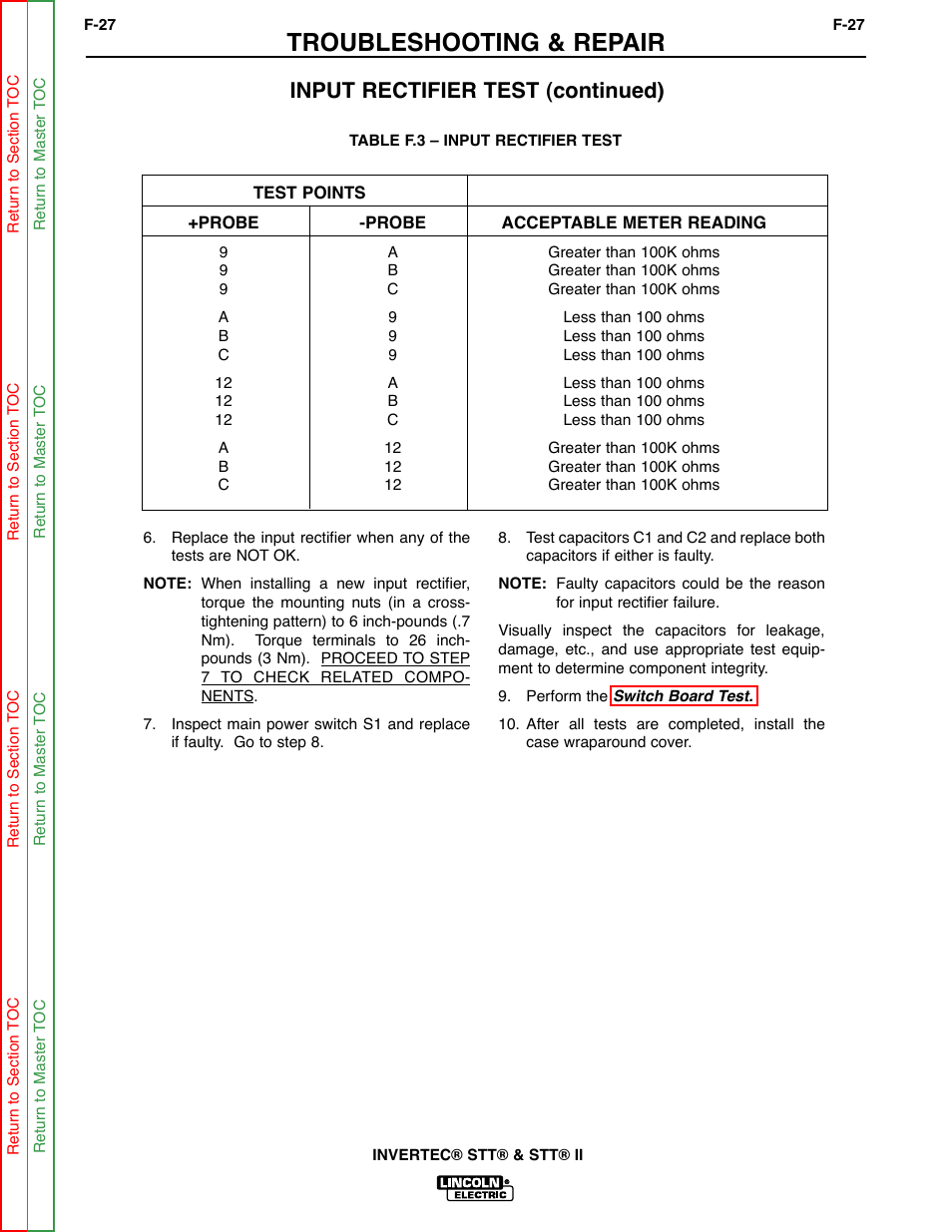 In table f.3, Troubleshooting & repair, Input rectifier test (continued) | Lincoln Electric INVERTEC SVM129-B User Manual | Page 65 / 145