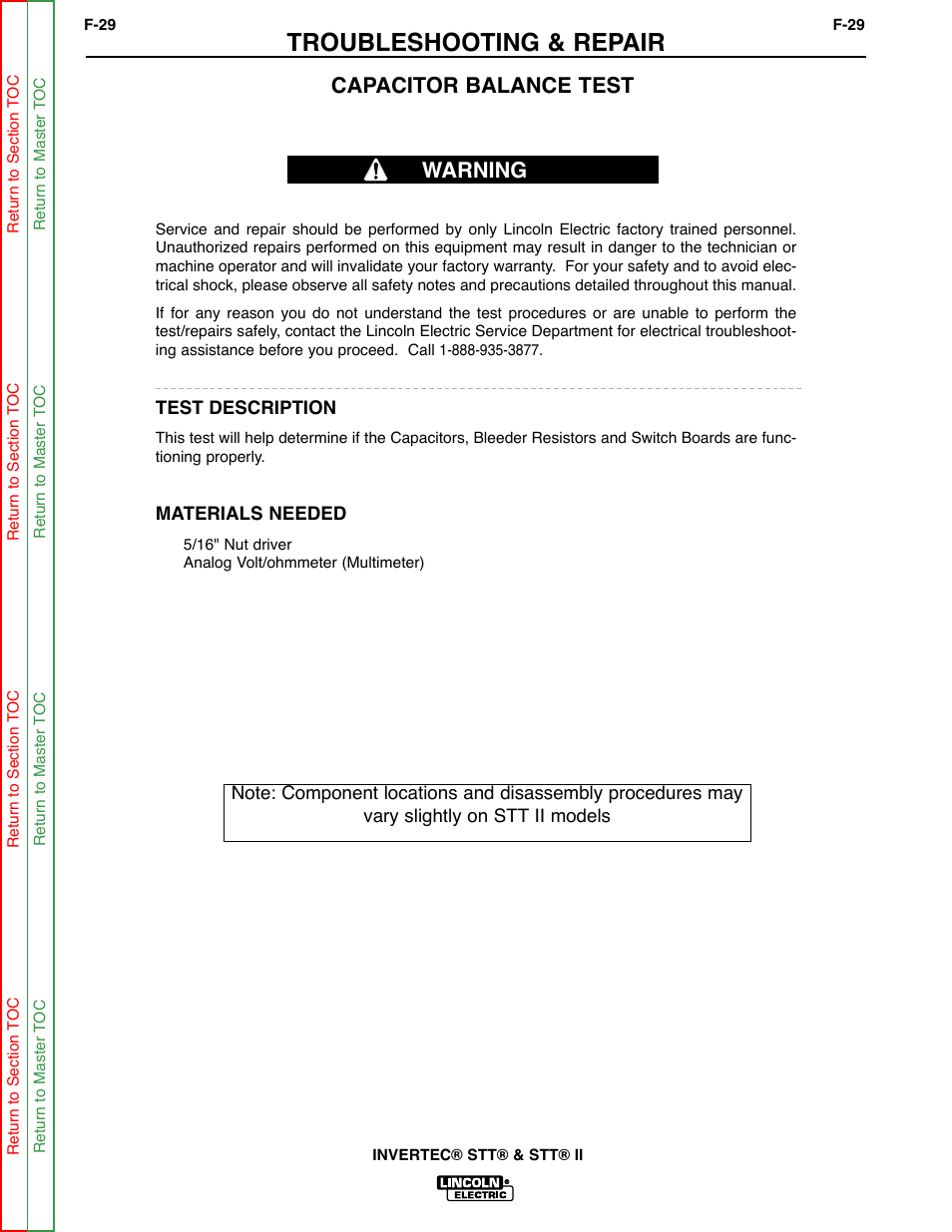 Capacitor balance, Test, Troubleshooting & repair | Capacitor balance test, Warning | Lincoln Electric INVERTEC SVM129-B User Manual | Page 67 / 145