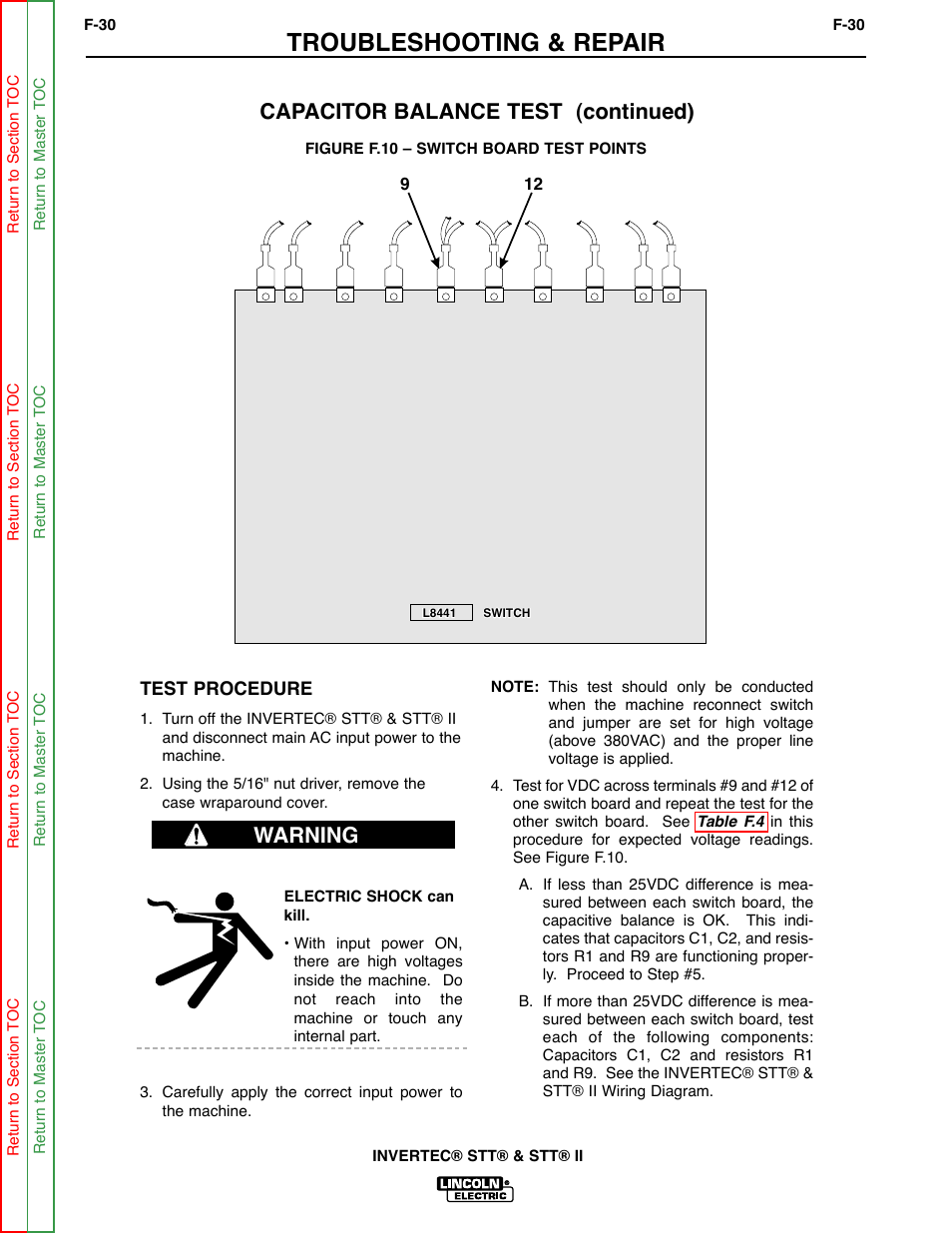 Troubleshooting & repair, Capacitor balance test (continued), Warning | Lincoln Electric INVERTEC SVM129-B User Manual | Page 68 / 145