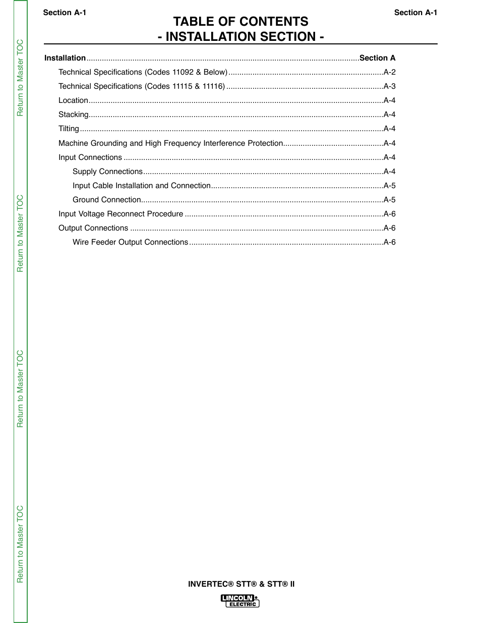 Section a - installation | Lincoln Electric INVERTEC SVM129-B User Manual | Page 7 / 145