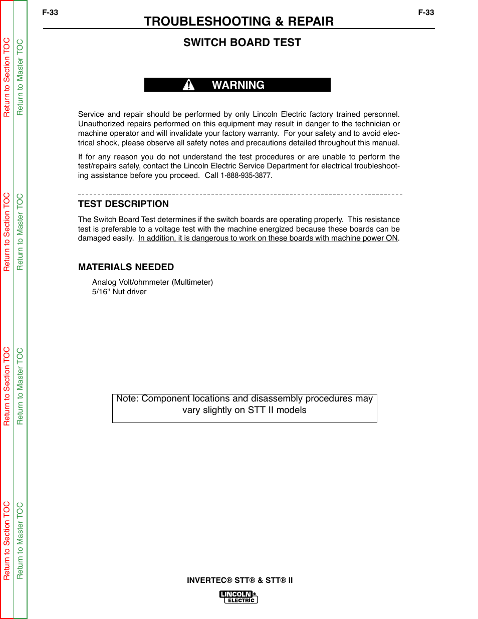 Switch board, Test, The switch board test | Switch board test, Troubleshooting & repair, Warning | Lincoln Electric INVERTEC SVM129-B User Manual | Page 71 / 145