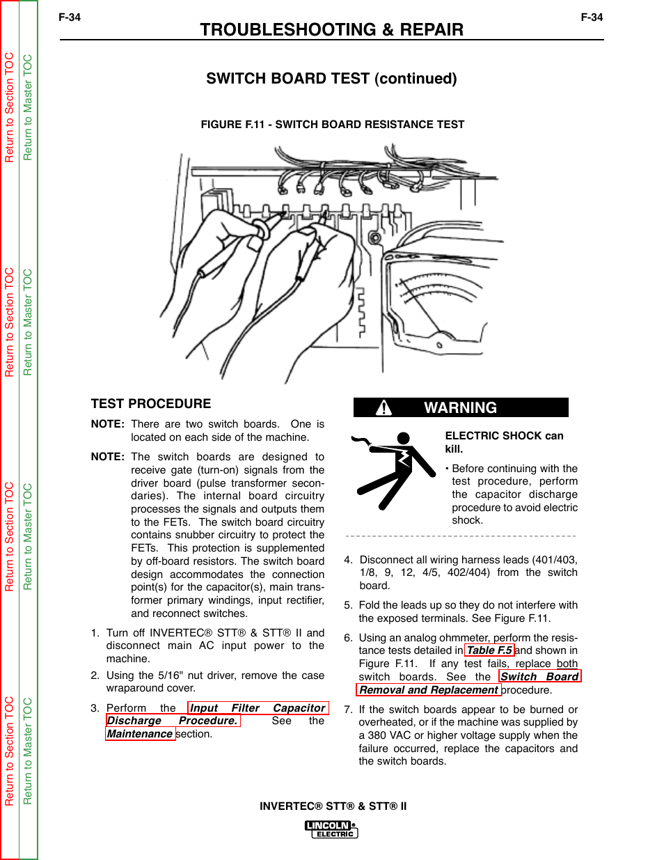 Troubleshooting & repair, Switch board test (continued), Warning | Lincoln Electric INVERTEC SVM129-B User Manual | Page 72 / 145