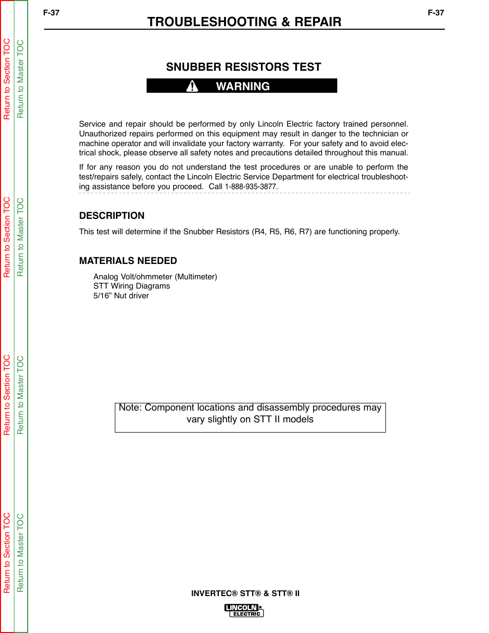 Troubleshooting & repair, Snubber resistors test, Warning | Lincoln Electric INVERTEC SVM129-B User Manual | Page 75 / 145