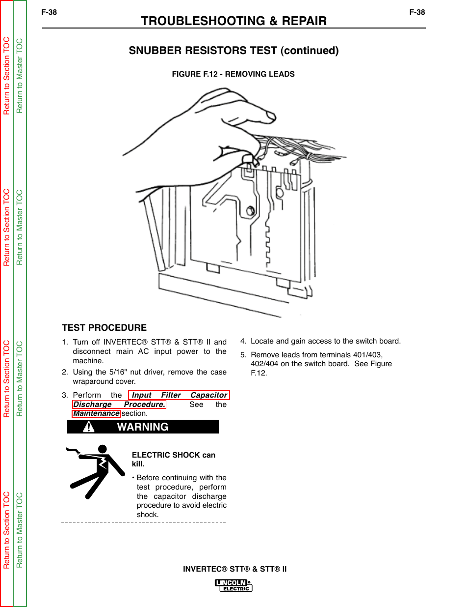 Troubleshooting & repair, Snubber resistors test (continued), Warning | Lincoln Electric INVERTEC SVM129-B User Manual | Page 76 / 145