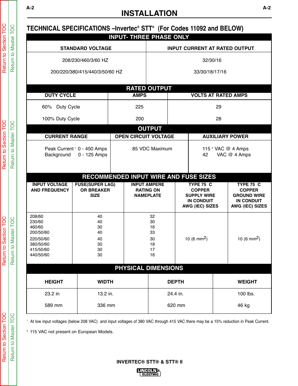 Installation, Technical specifications –invertec | Lincoln Electric INVERTEC SVM129-B User Manual | Page 8 / 145