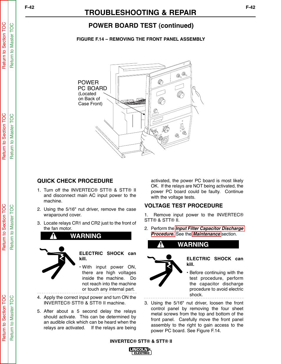 Troubleshooting & repair, Power board test (continued), Warning | Lincoln Electric INVERTEC SVM129-B User Manual | Page 80 / 145