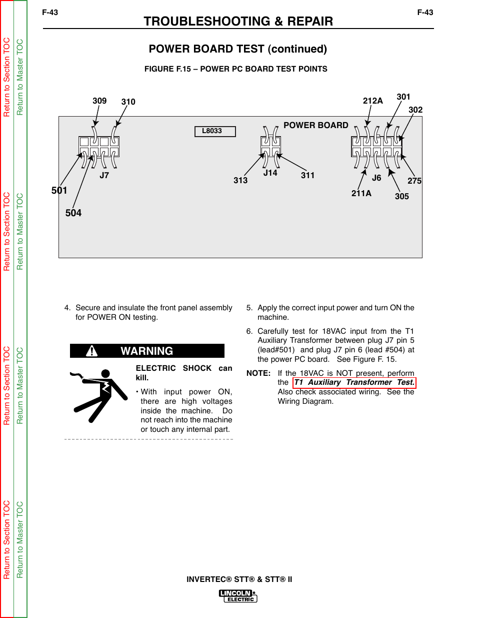 Troubleshooting & repair, Power board test (continued), Warning | Lincoln Electric INVERTEC SVM129-B User Manual | Page 81 / 145