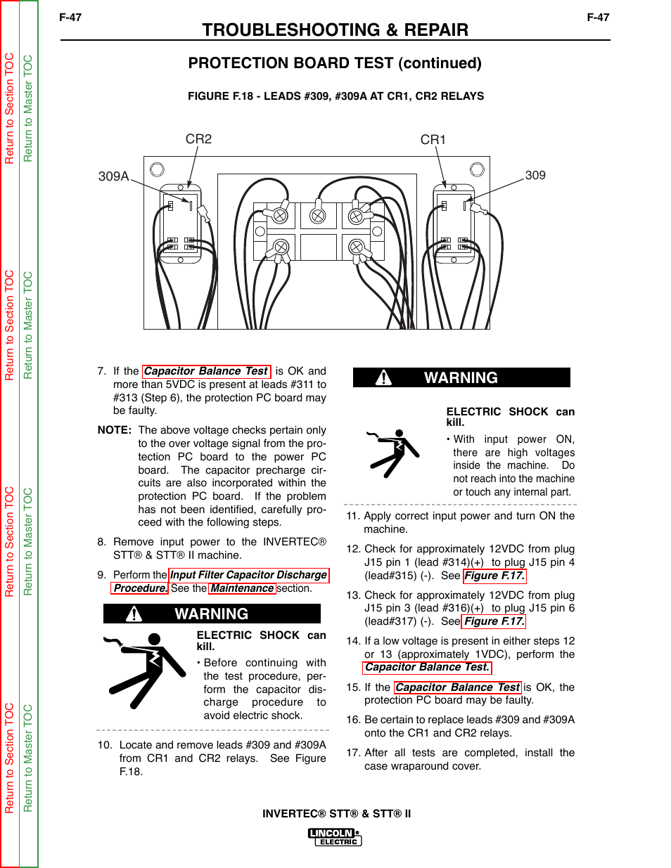 Troubleshooting & repair, Protection board test (continued), Warning | Lincoln Electric INVERTEC SVM129-B User Manual | Page 85 / 145