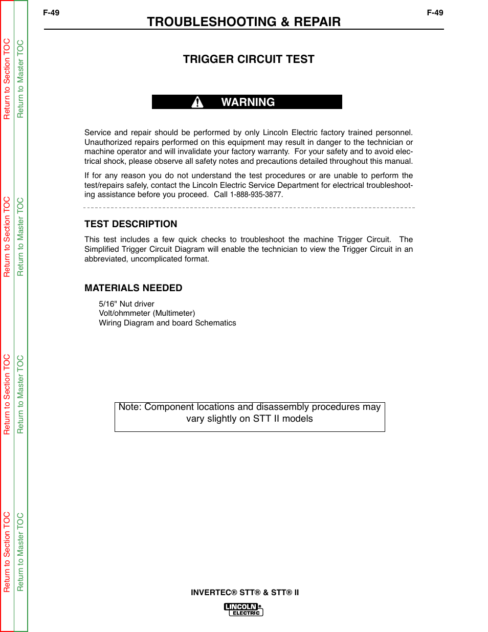 Trigger circuit, Test, Troubleshooting & repair | Trigger circuit test, Warning | Lincoln Electric INVERTEC SVM129-B User Manual | Page 87 / 145