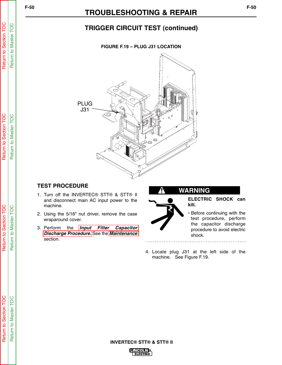 Troubleshooting & repair, Trigger circuit test (continued), Warning | Lincoln Electric INVERTEC SVM129-B User Manual | Page 88 / 145