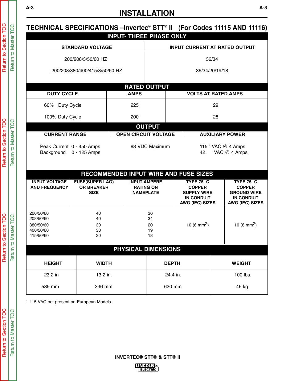 Installation, Technical specifications –invertec | Lincoln Electric INVERTEC SVM129-B User Manual | Page 9 / 145