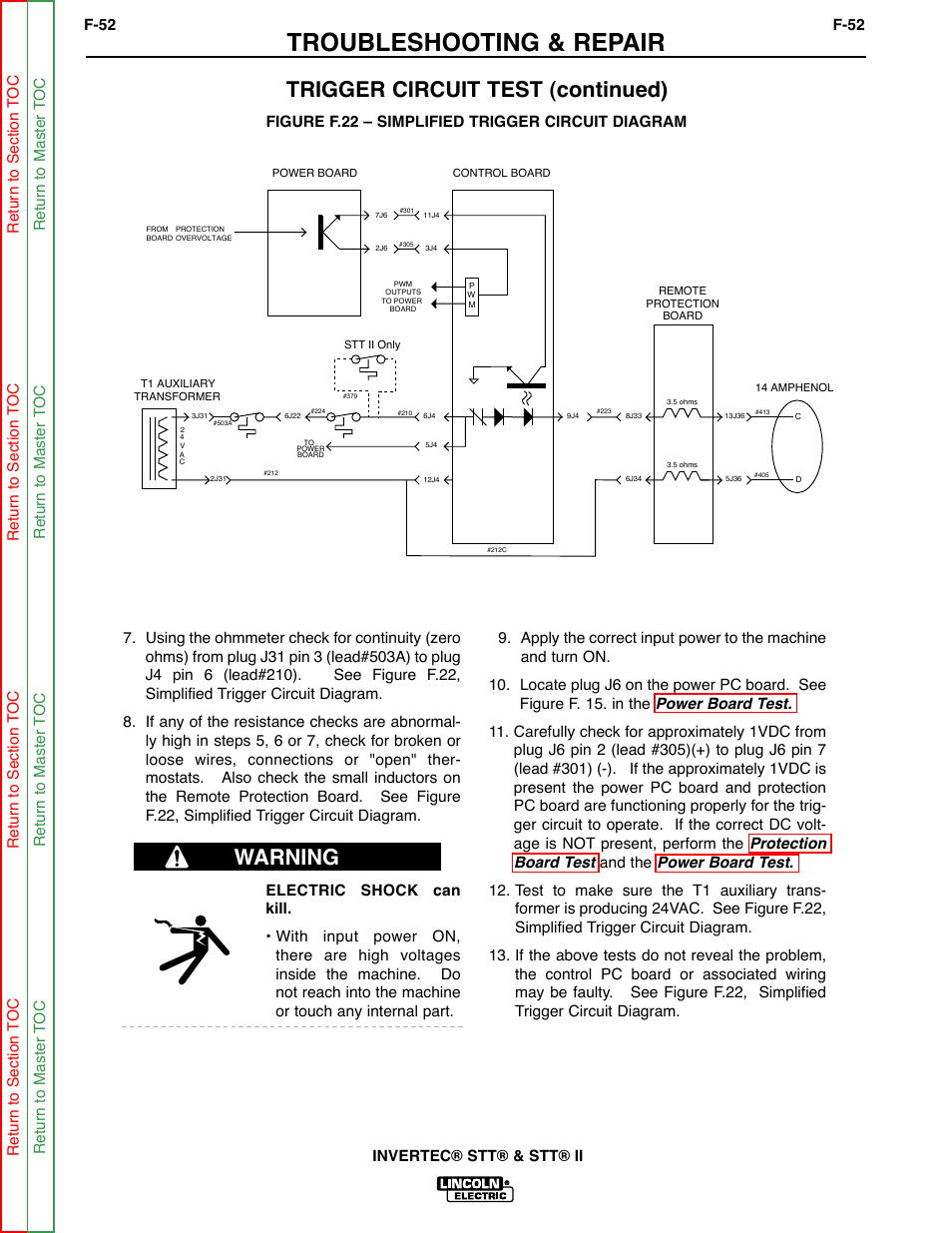 Simplified trigger circuit diagram, Troubleshooting & repair, Trigger circuit test (continued) | Warning | Lincoln Electric INVERTEC SVM129-B User Manual | Page 90 / 145