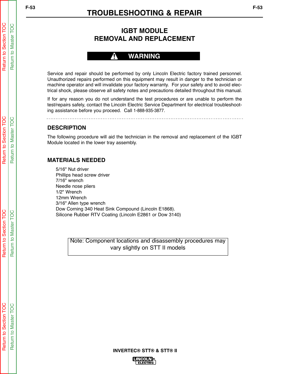 Troubleshooting & repair, Igbt module removal and replacement, Warning | Lincoln Electric INVERTEC SVM129-B User Manual | Page 91 / 145