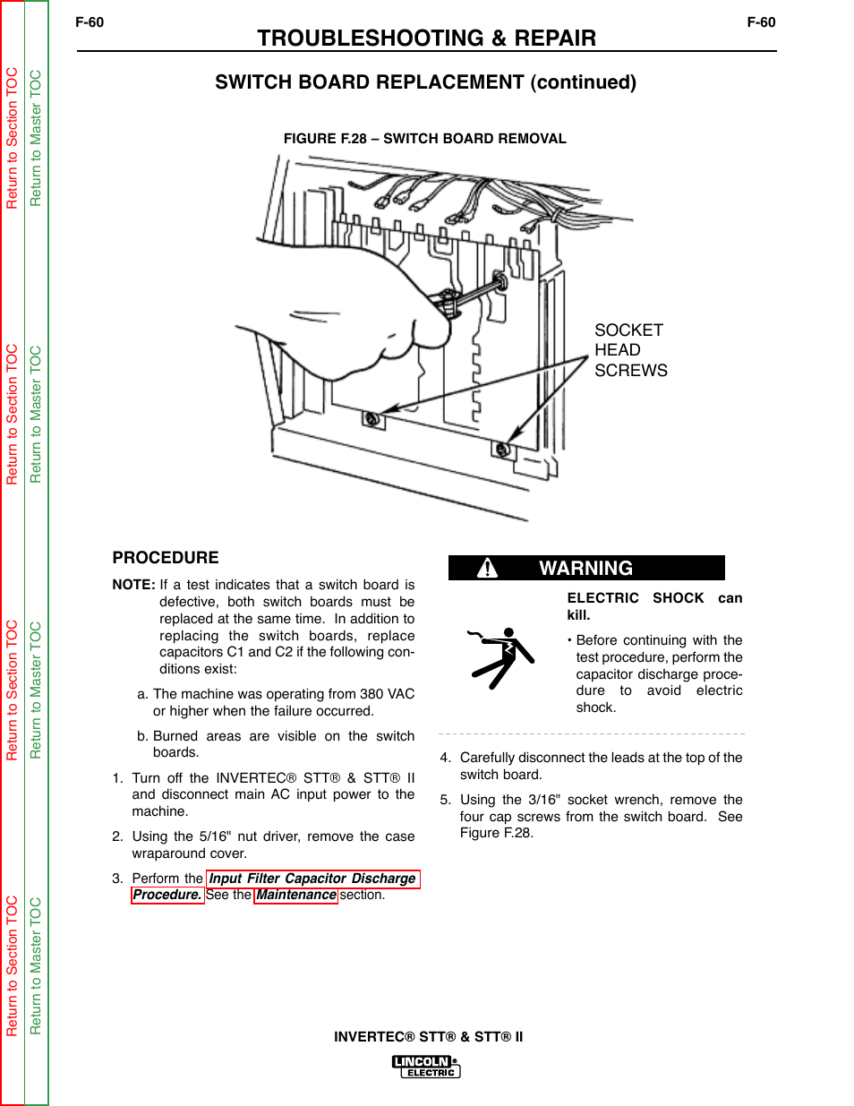 Troubleshooting & repair, Switch board replacement (continued), Warning | Lincoln Electric INVERTEC SVM129-B User Manual | Page 98 / 145