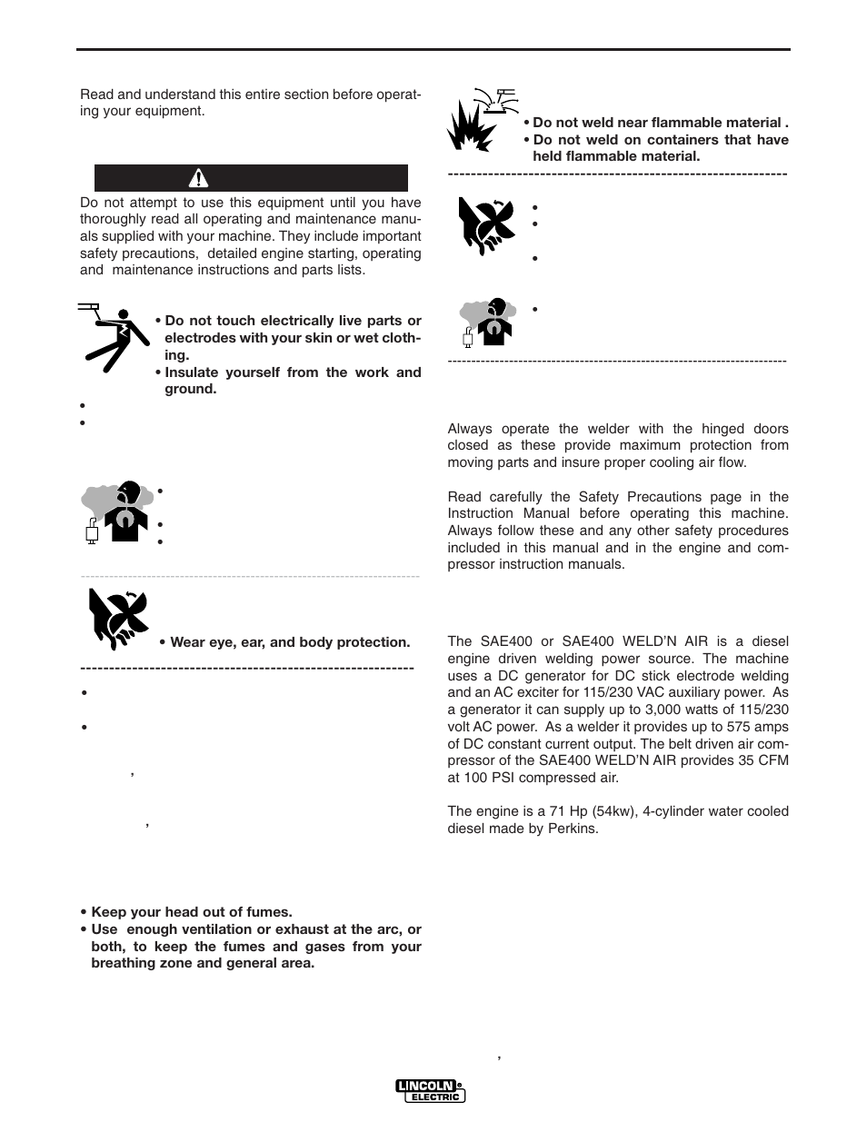 Operation, General description, Operating instructions | Safety instructions, Warning | Lincoln Electric POWER SOURCE IM640-A User Manual | Page 15 / 37
