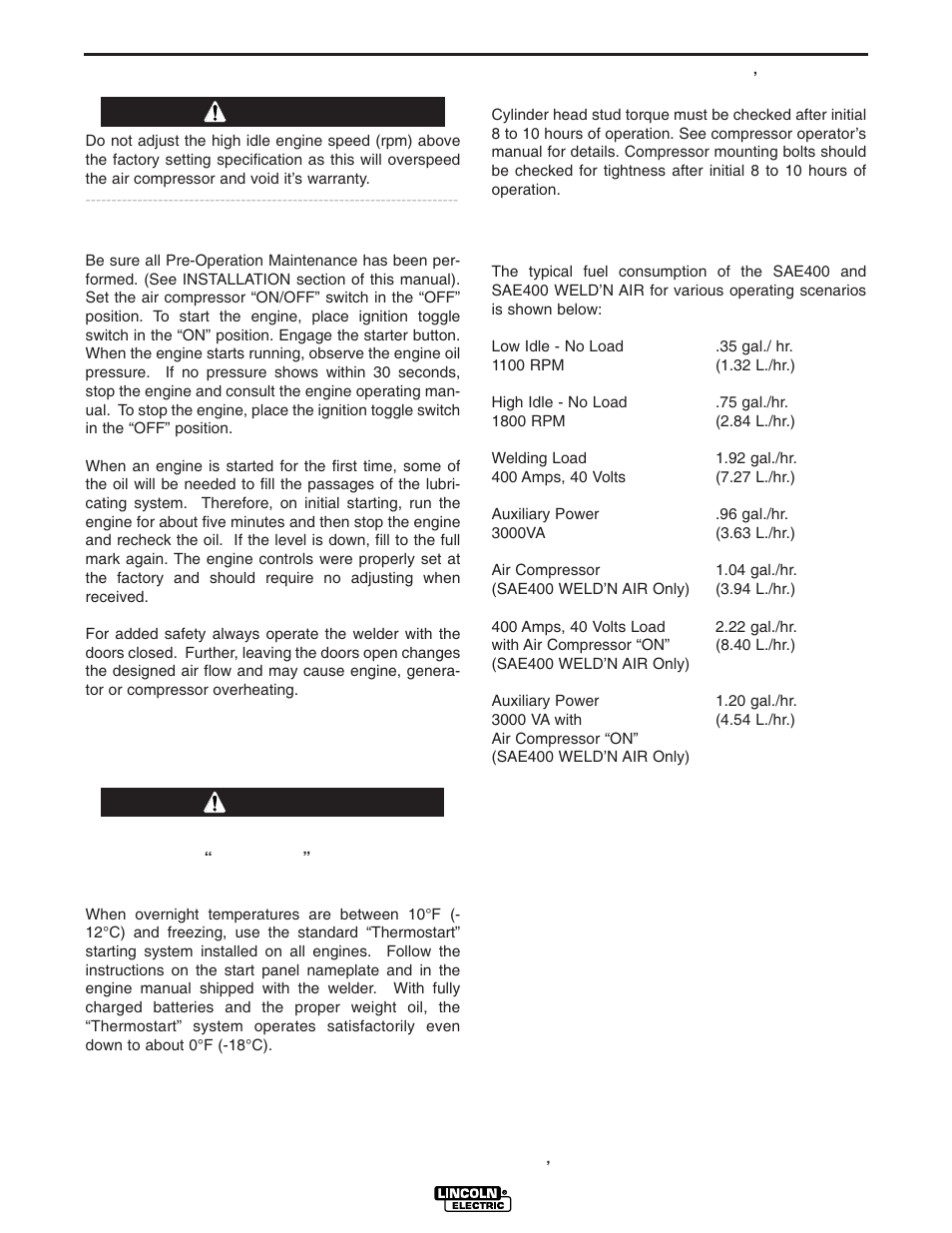 Operation, Engine operation, Typical fuel consumption | Warning caution | Lincoln Electric POWER SOURCE IM640-A User Manual | Page 19 / 37