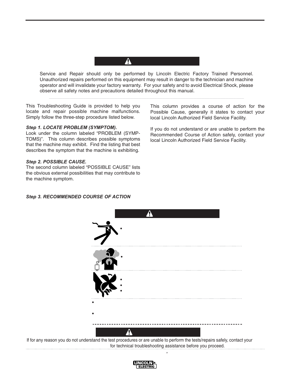 Troubleshooting, Caution warning, How to use troubleshooting guide | Warning | Lincoln Electric POWER SOURCE IM640-A User Manual | Page 25 / 37