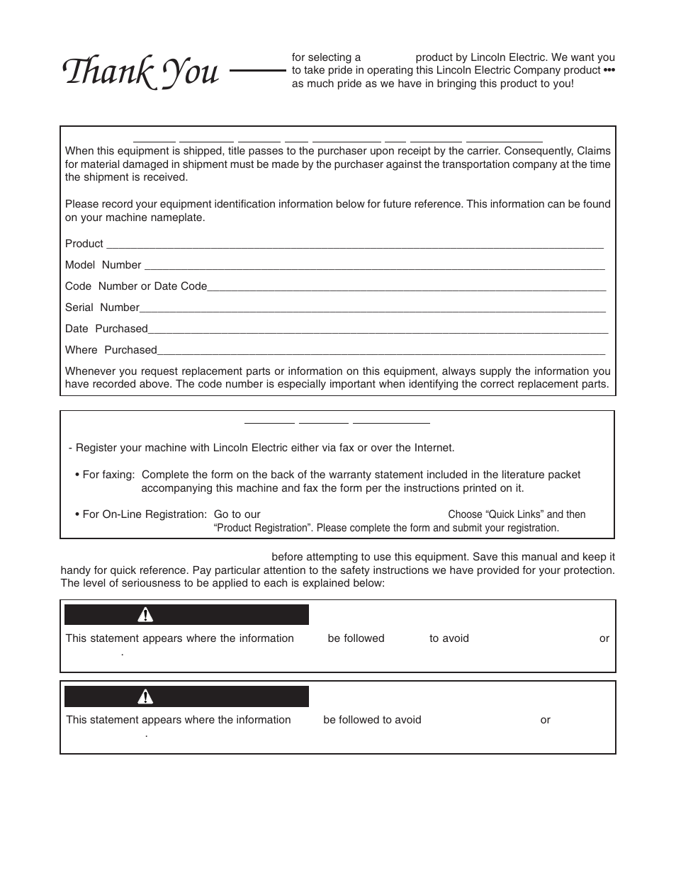 Warning, Caution | Lincoln Electric POWER SOURCE IM640-A User Manual | Page 8 / 37