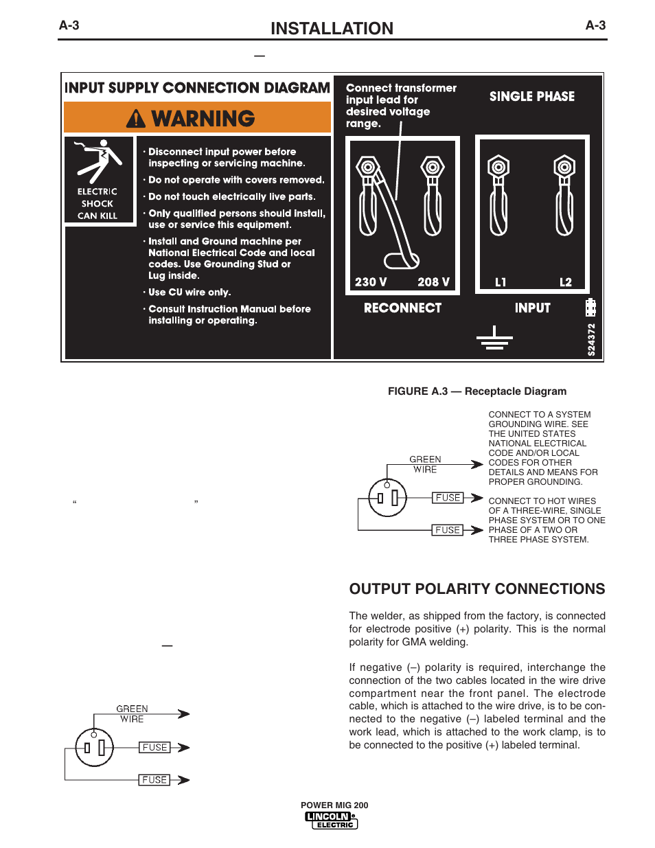 Installation, Output polarity connections, 50/60 hz | Lincoln Electric POWER MIGTM 200 IM693 User Manual | Page 11 / 32