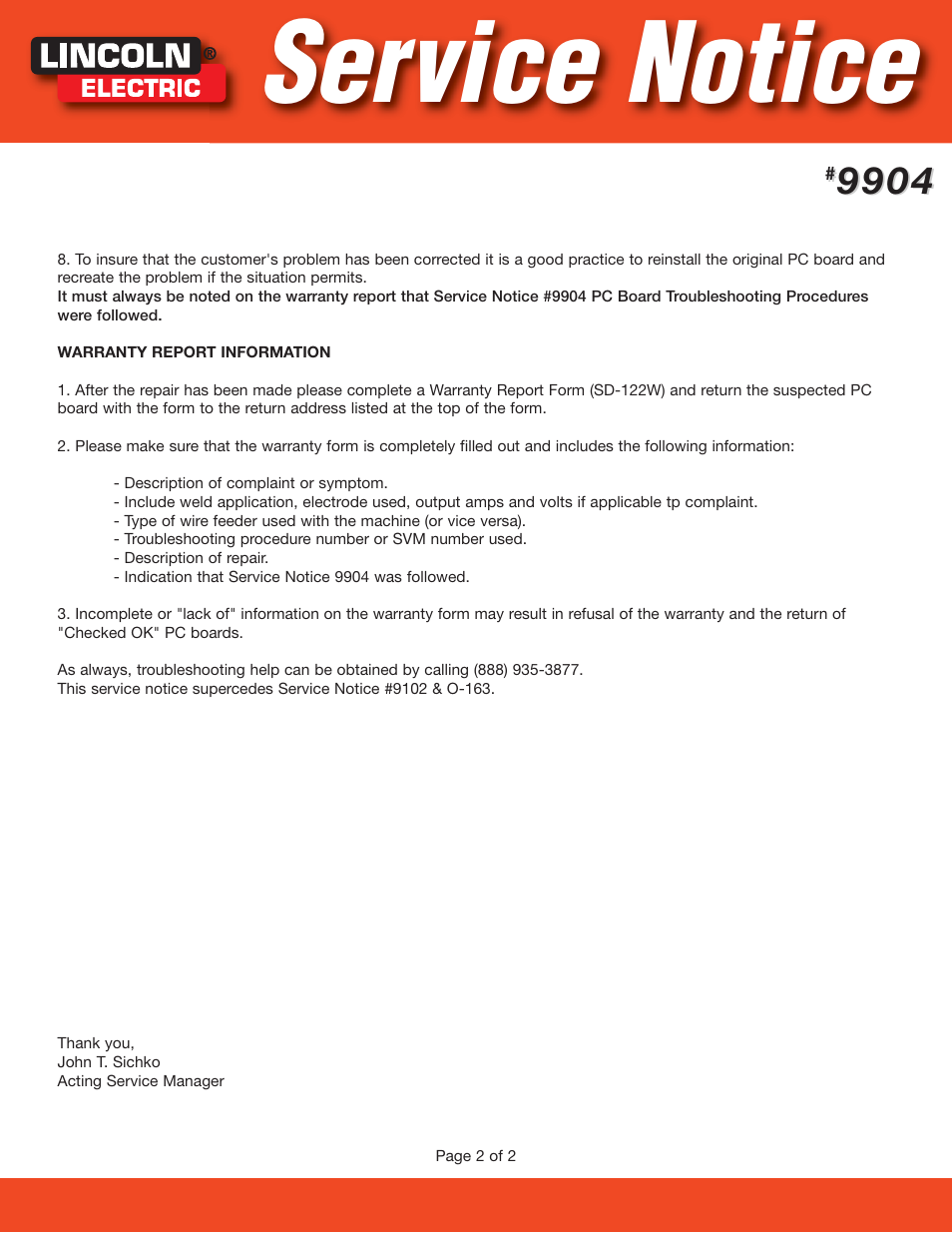 Service notice | Lincoln Electric 9904 User Manual | Page 2 / 2