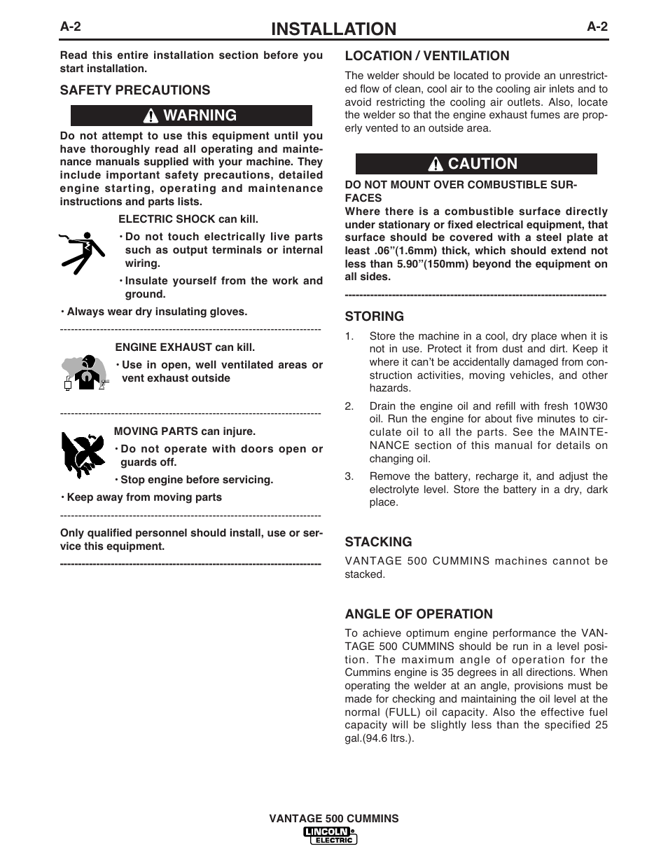 Installation, Warning caution | Lincoln Electric 500 User Manual | Page 10 / 54