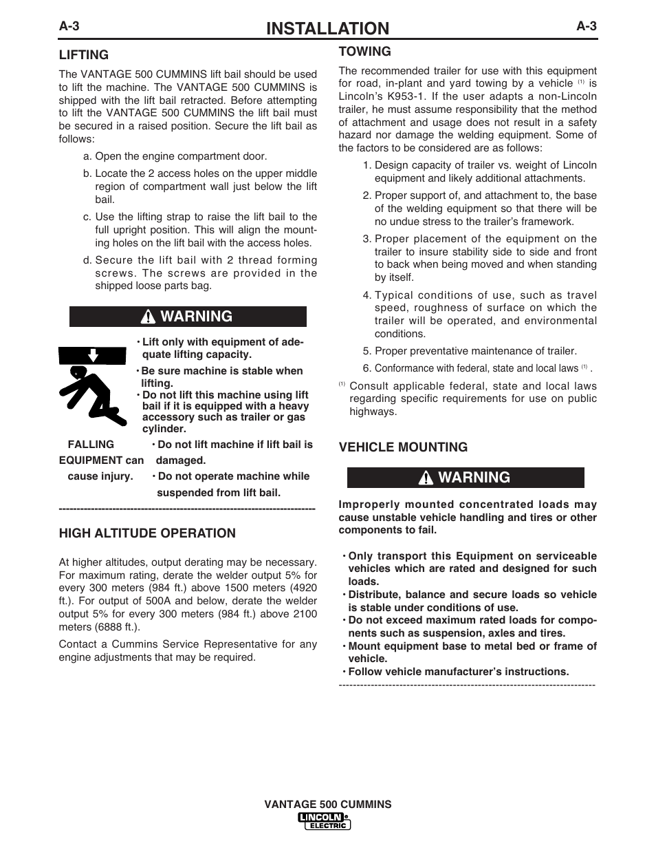 Installation, Warning | Lincoln Electric 500 User Manual | Page 11 / 54