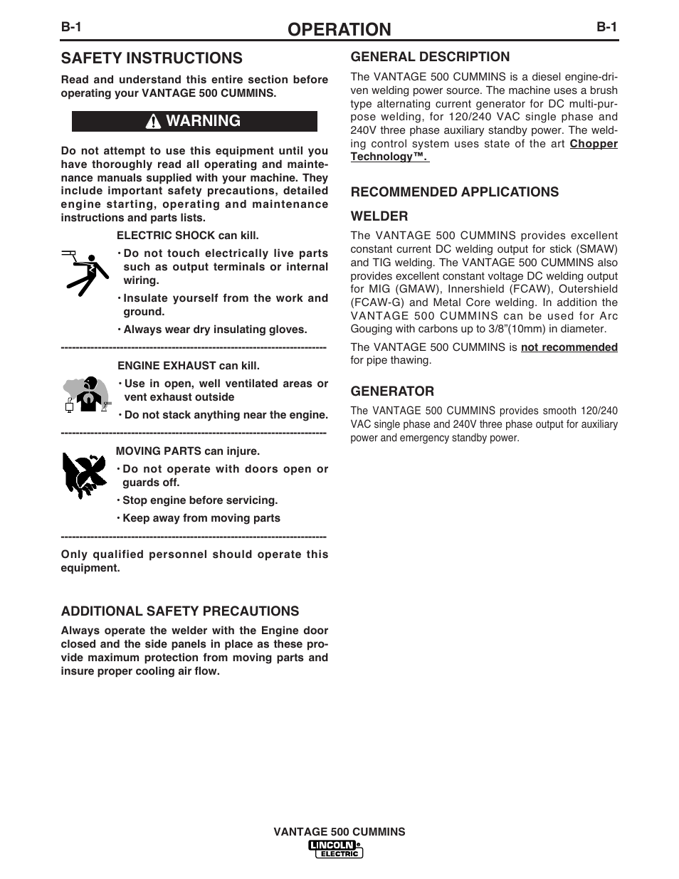 Operation, Safety instructions, Warning | Lincoln Electric 500 User Manual | Page 18 / 54