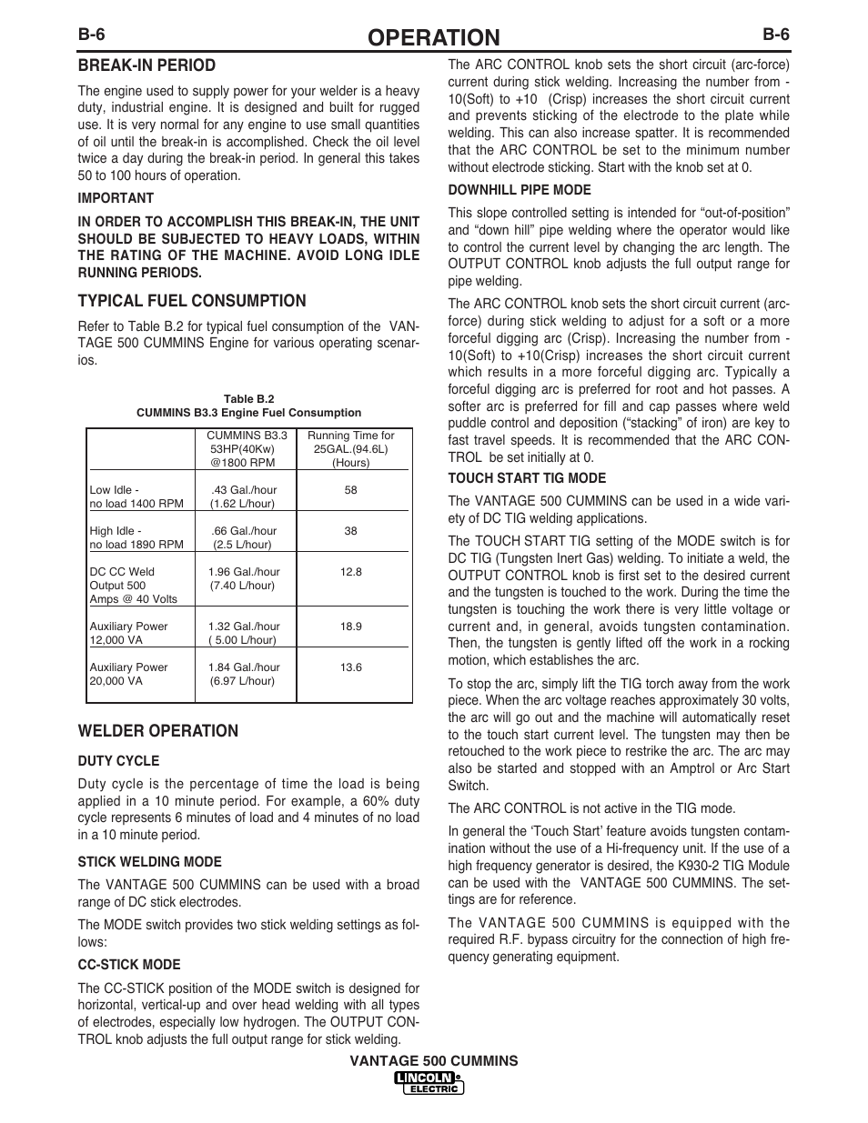 Operation, B-6 break-in period, Typical fuel consumption | Welder operation | Lincoln Electric 500 User Manual | Page 23 / 54