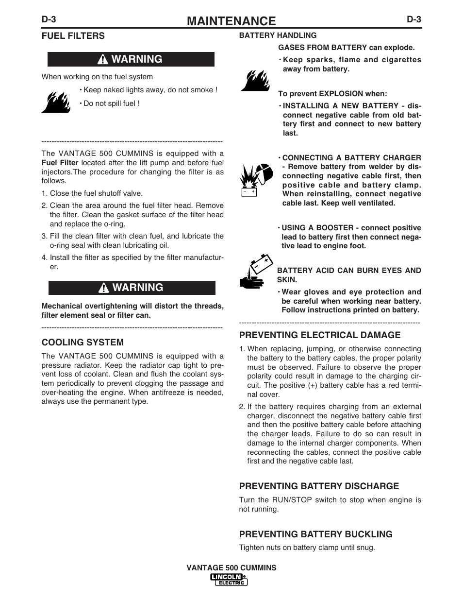 Maintenance, Warning | Lincoln Electric 500 User Manual | Page 31 / 54